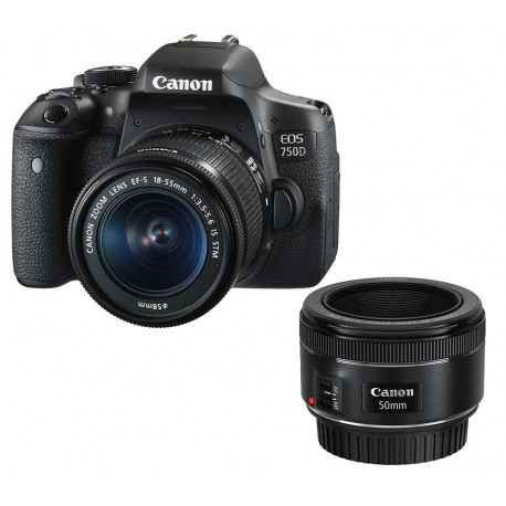 Canon EOS 750D + обектив Canon EF-S 18-55mm IS STM + обектив Canon EF 50mm f/1.8 STM + аксесоар Canon CS100