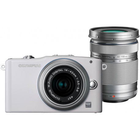 Camera Olympus E-PM1 PEN mini (бял) + Lens Olympus M.ZUIKO DIGITAL ED 14-42mm F/3.5-5.6 (сребрист) + Lens OM SYSTEM (Olympus) MFT 40-150mm f/4-5.6 R MSC black Camera Olympus E-PM1 PEN mini (бял) + Lens Olympus M.ZUIKO DIGITAL ED 14-42mm F/3.5-5.6 (сребрист) + Lens OM SYSTEM (Olympus) MFT 40-150mm f/4-5.6 R MSC black