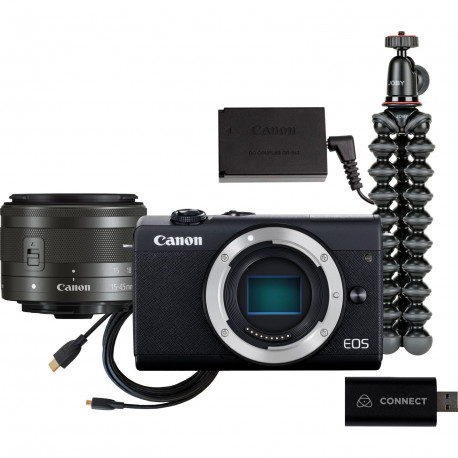Camera Canon EOS M200 + Canon EF-M 15-45mm Lens + Video Device Atomos Connect 4K + Tripod Joby Gorillapod 1K Kit mini tripod + Charger Canon DR-E12 DC Coupler adapter + Charger Canon CA-PS700 Compact AC Power Adapter