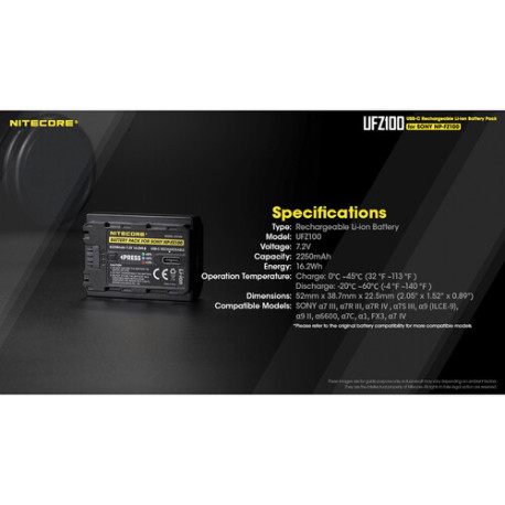 Nitecore UFZ100 7.2V 2250mAh Type-C Rechargeable Battery for Sony NP-FZ100