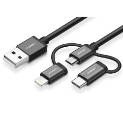 кабел Ugreen USB-A към Micro USB / USB-C / Lightning 1 m (черен)
